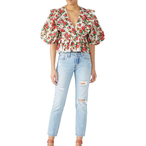 Rhode Elodie Blouse Top White Pink Floral Ruffle Peplum Crop Puff Sleeve Size XS - Picture 1 of 9